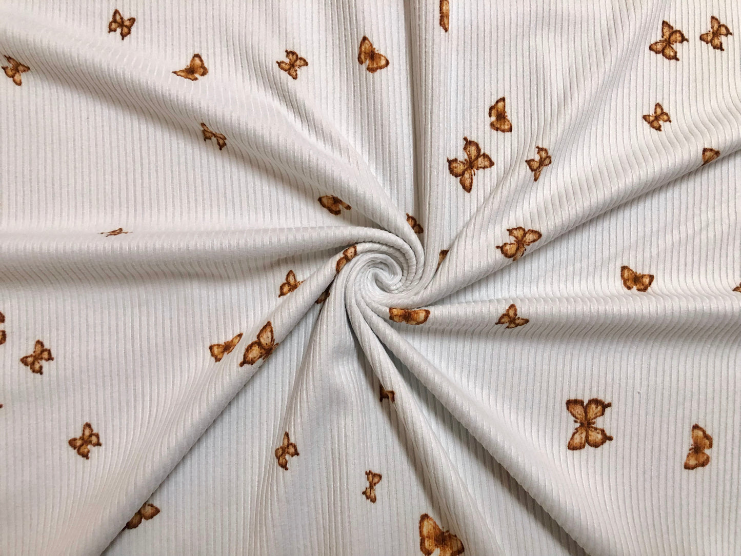 Ivory Brown 1" Butterflies Rayon Spandex Rib 2X2 Print Fabric