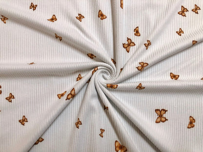 Ivory Brown 1" Butterflies Rayon Spandex Rib 2X2 Print Fabric