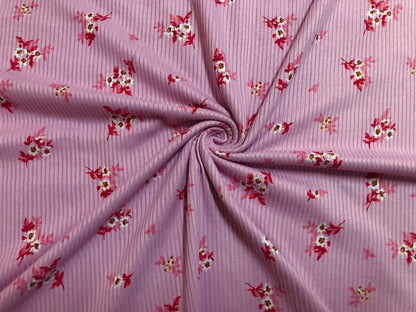 Pink Red White Brown Flowers Rayon Spandex Rib 2X2 Print Fabric