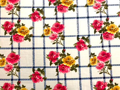 Ivory Pink Red Gold Roses Navy Blue Plaid Techno Crepe Print Fabric