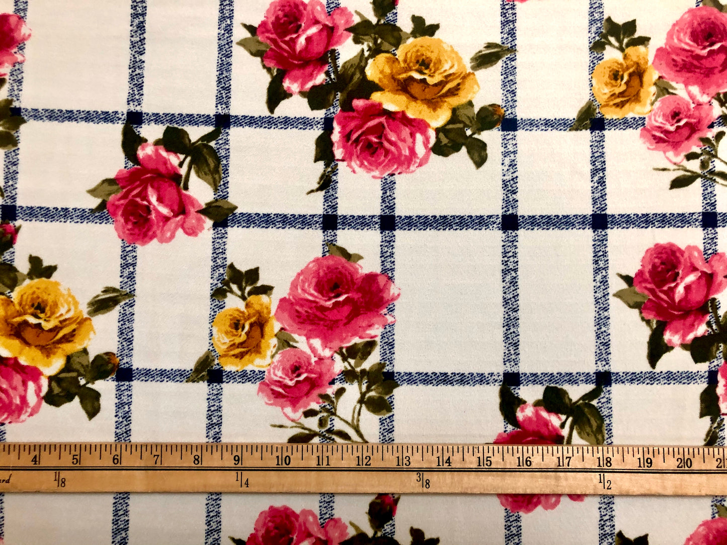 Ivory Pink Red Gold Roses Navy Blue Plaid Techno Crepe Print Fabric