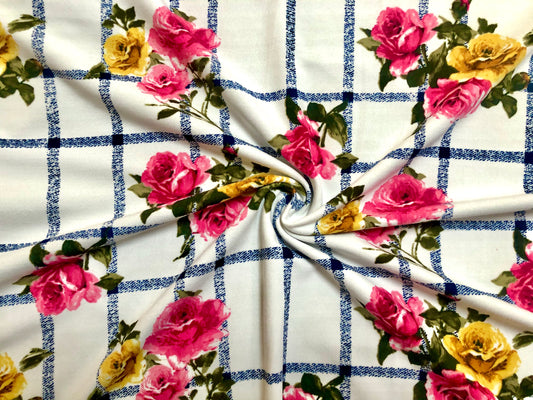 Ivory Pink Red Gold Roses Navy Blue Plaid Techno Crepe Print Fabric