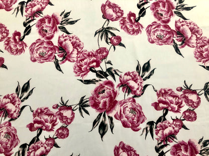 Ivory Purple Black Roses Scuba Techno Print Fabric