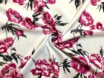 Ivory Purple Black Roses Scuba Techno Print Fabric