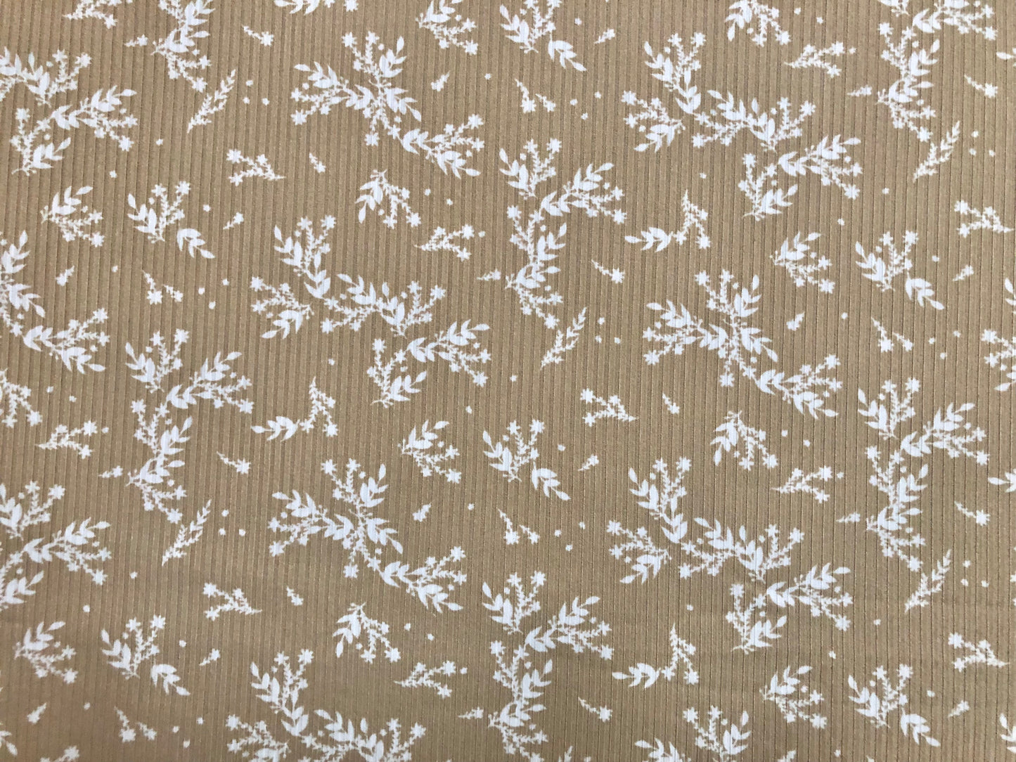 Sand White Flowers and Branches Rayon Spandex Rib 2X2 Print Fabric