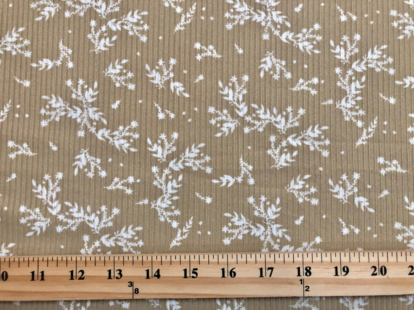 Sand White Flowers and Branches Rayon Spandex Rib 2X2 Print Fabric