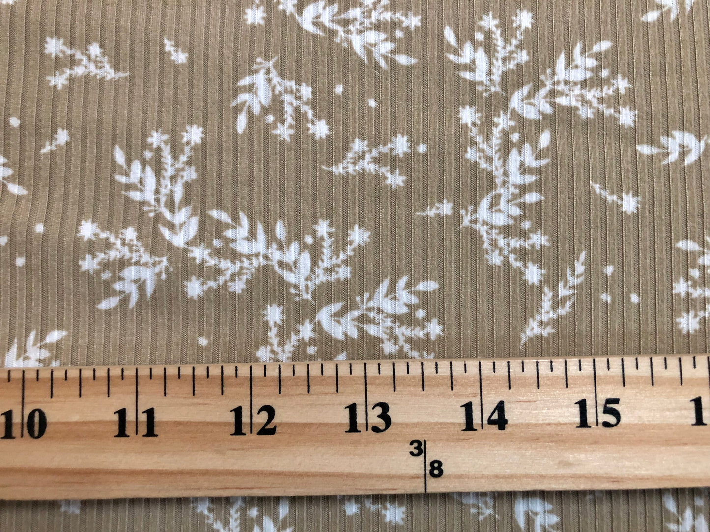 Sand White Flowers and Branches Rayon Spandex Rib 2X2 Print Fabric