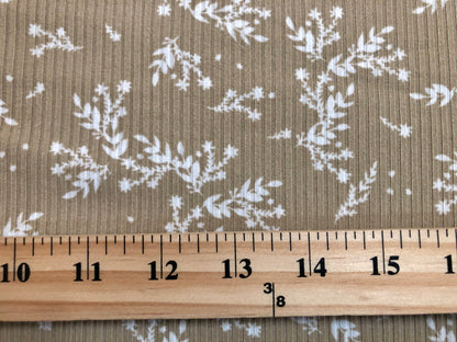 Sand White Flowers and Branches Rayon Spandex Rib 2X2 Print Fabric