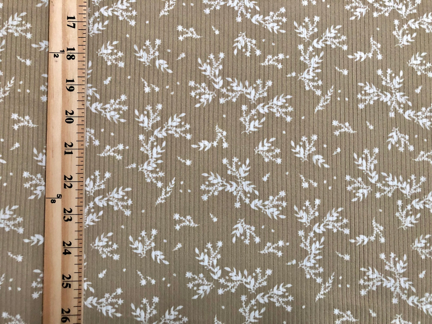 Sand White Flowers and Branches Rayon Spandex Rib 2X2 Print Fabric