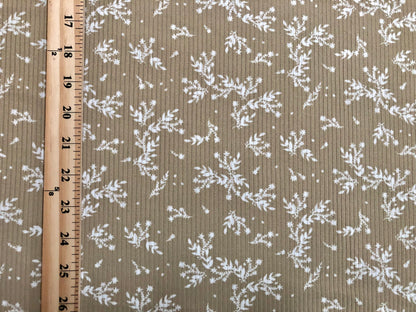 Sand White Flowers and Branches Rayon Spandex Rib 2X2 Print Fabric