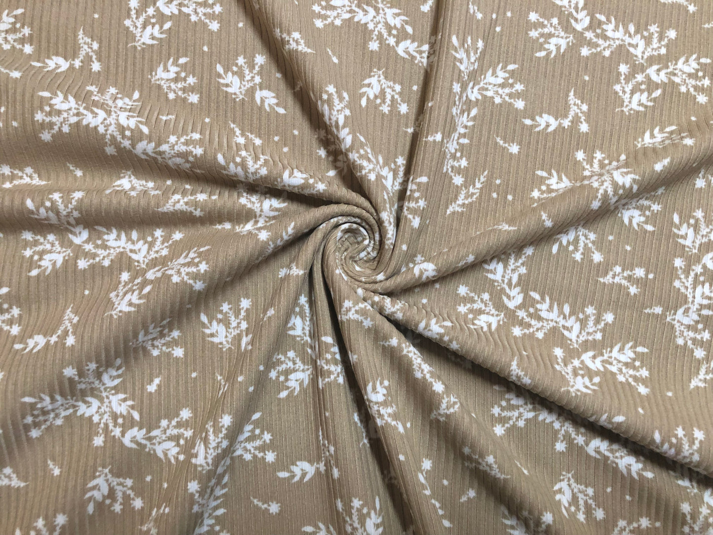 Sand White Flowers and Branches Rayon Spandex Rib 2X2 Print Fabric