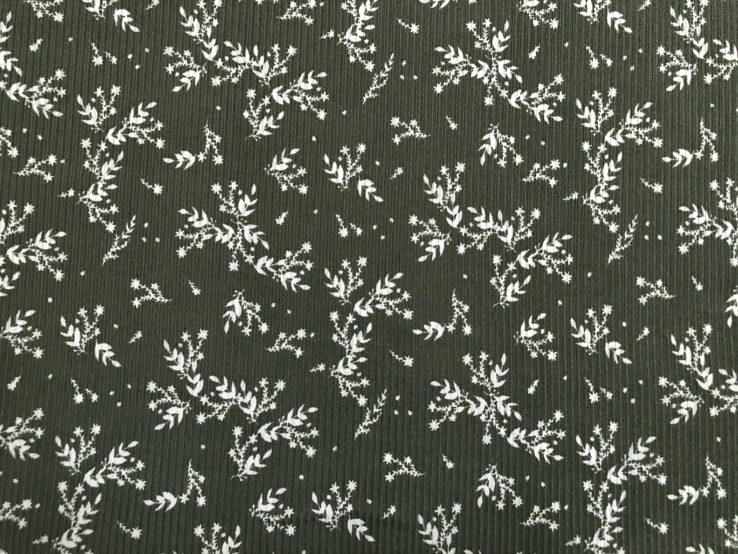 Olive White Flowers and Branches Rayon Spandex Rib 2X2 Print Fabric