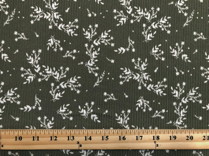 Olive White Flowers and Branches Rayon Spandex Rib 2X2 Print Fabric