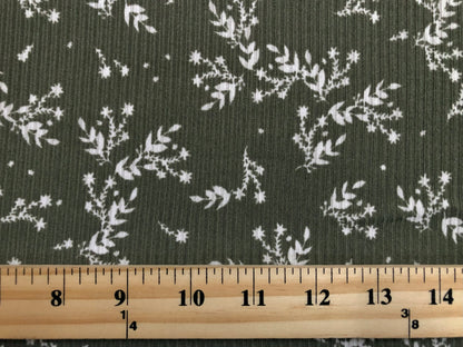 Olive White Flowers and Branches Rayon Spandex Rib 2X2 Print Fabric