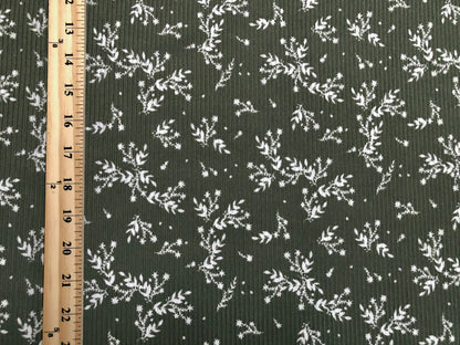 Olive White Flowers and Branches Rayon Spandex Rib 2X2 Print Fabric