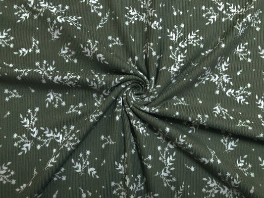 Olive White Flowers and Branches Rayon Spandex Rib 2X2 Print Fabric