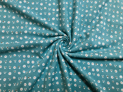 Cyan Blue White Rust 1/8" Flowers Rayon Spandex Rib 2X2 Print Fabric