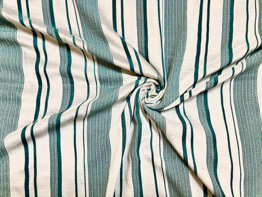 Ivory Hunter Green Stripes Poly Linen Fabric