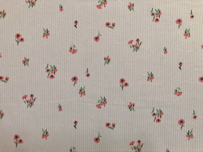 Ivory Pink Green 3/4" Sunflowers Rayon Spandex Rib 2X2 Print Fabric