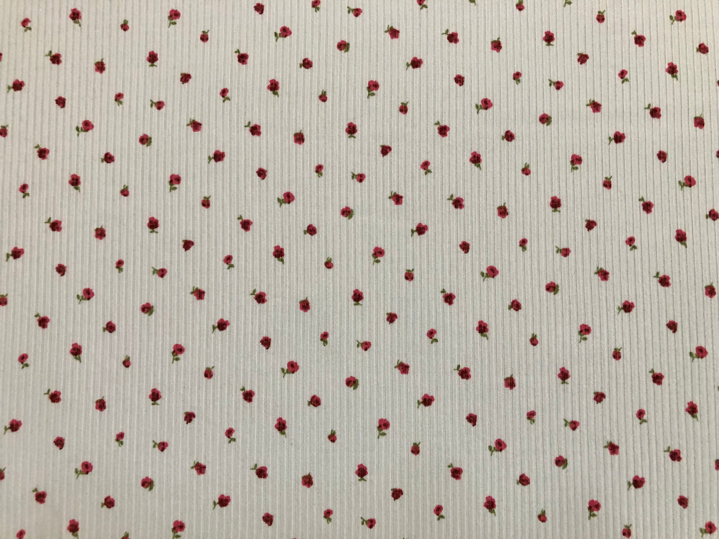 Ivory Red Green 1/4" Roses Rayon Spandex Rib 2X2 Print Fabric