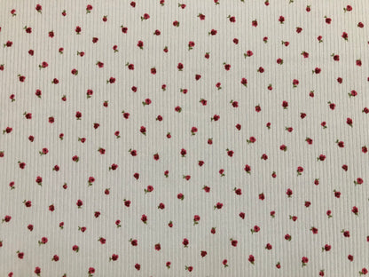 Ivory Red Green 1/4" Roses Rayon Spandex Rib 2X2 Print Fabric