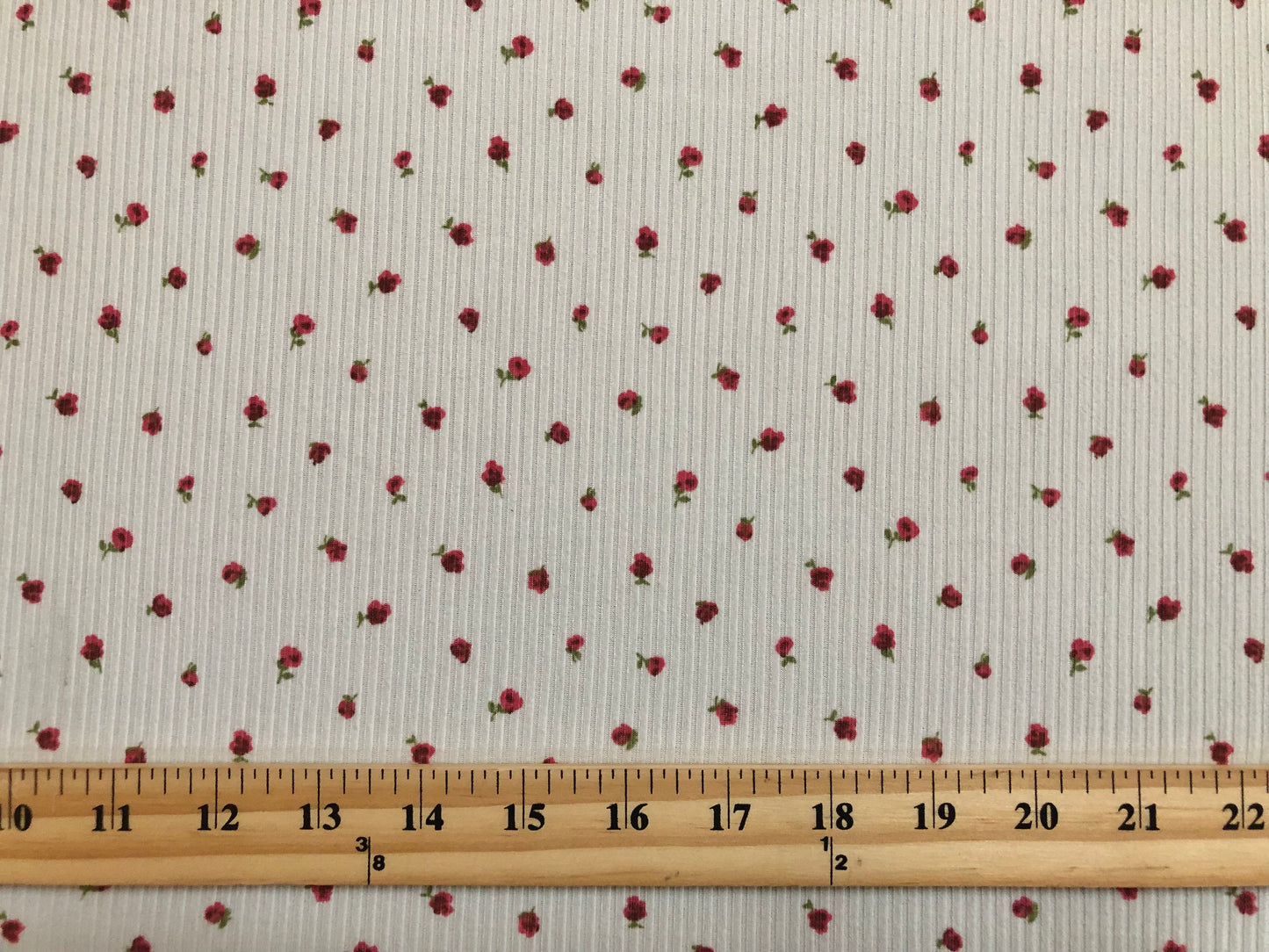 Ivory Red Green 1/4" Roses Rayon Spandex Rib 2X2 Print Fabric