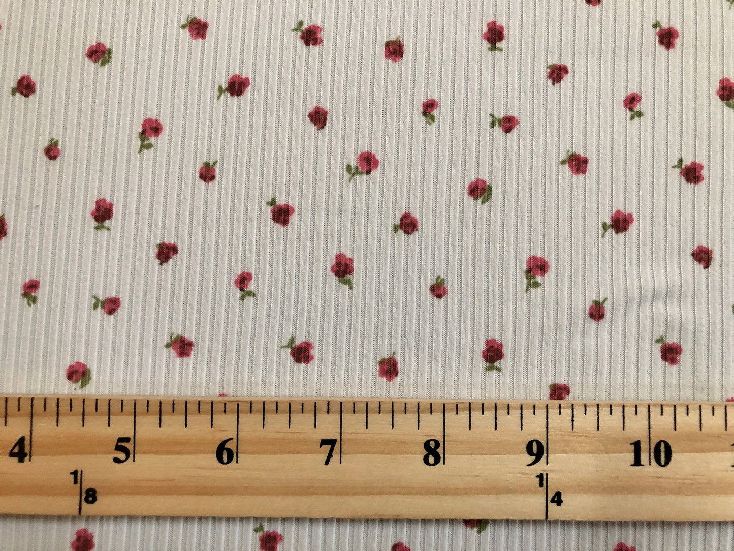 Ivory Red Green 1/4" Roses Rayon Spandex Rib 2X2 Print Fabric