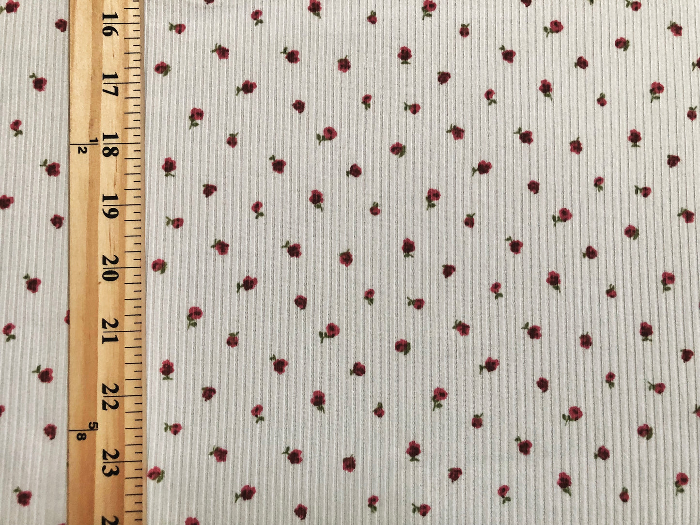 Ivory Red Green 1/4" Roses Rayon Spandex Rib 2X2 Print Fabric