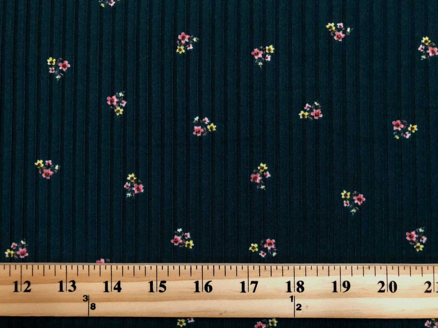 Teal Pink Yellow 1/2" Flowers Rayon Spandex Rib 6X3 Print Fabric