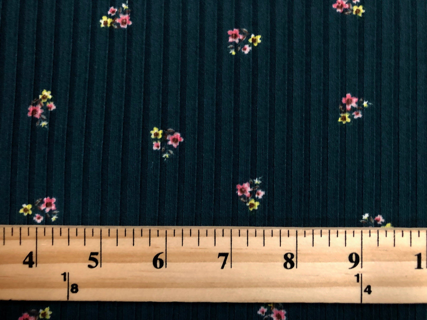 Teal Pink Yellow 1/2" Flowers Rayon Spandex Rib 6X3 Print Fabric