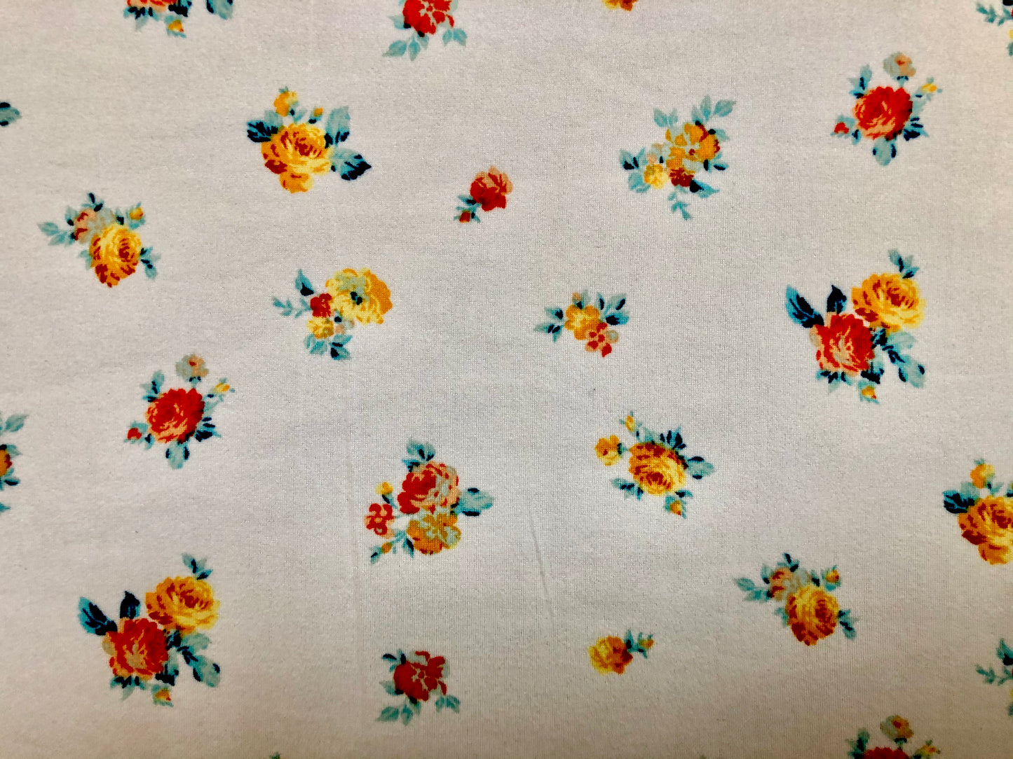 Ivory Gold Red Blue Roses DTY Double Brushed Jersey Print Fabric