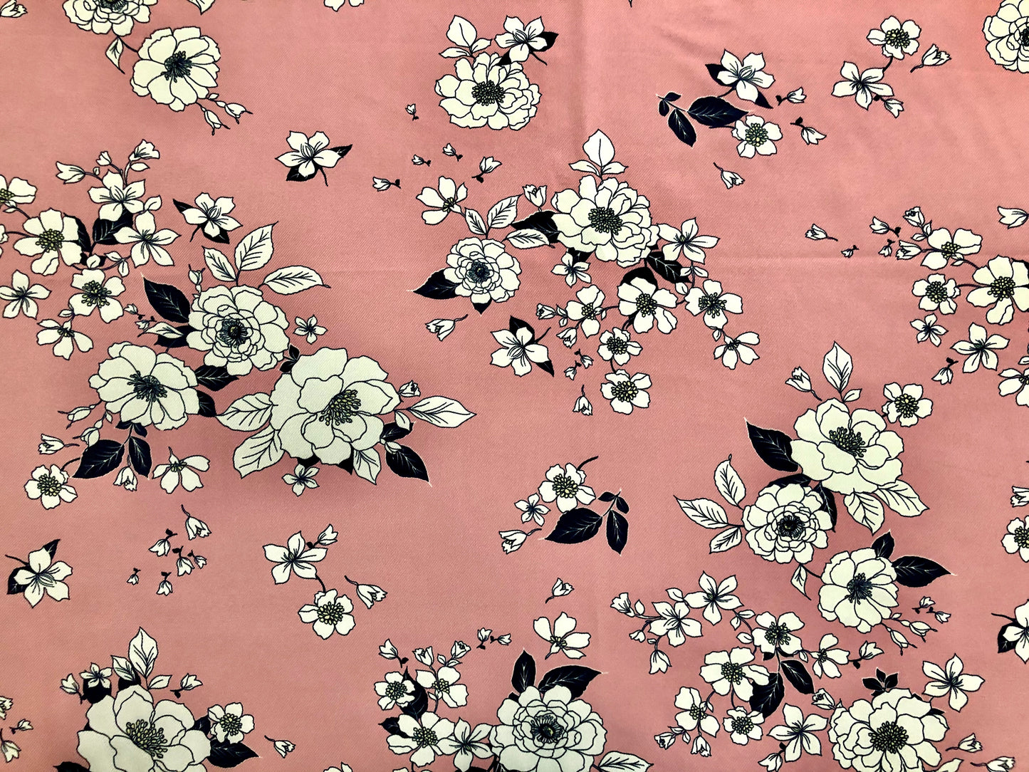 Pink Navy Blue White Autumn Roses Rayon Twill Fabric