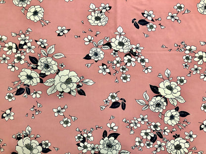 Pink Navy Blue White Autumn Roses Rayon Twill Fabric