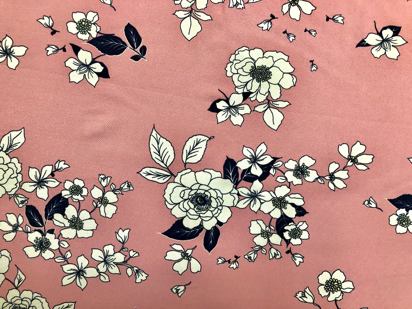 Pink Navy Blue White Autumn Roses Rayon Twill Fabric