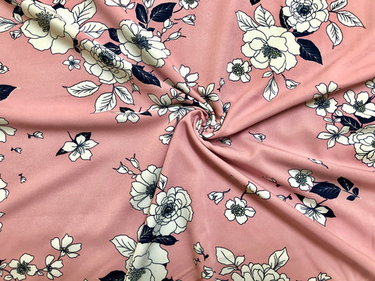 Pink Navy Blue White Autumn Roses Rayon Twill Fabric