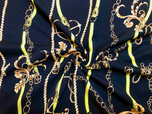 Black Yellow Belt Gold Chain and Anchor Rayon Twill Fabric