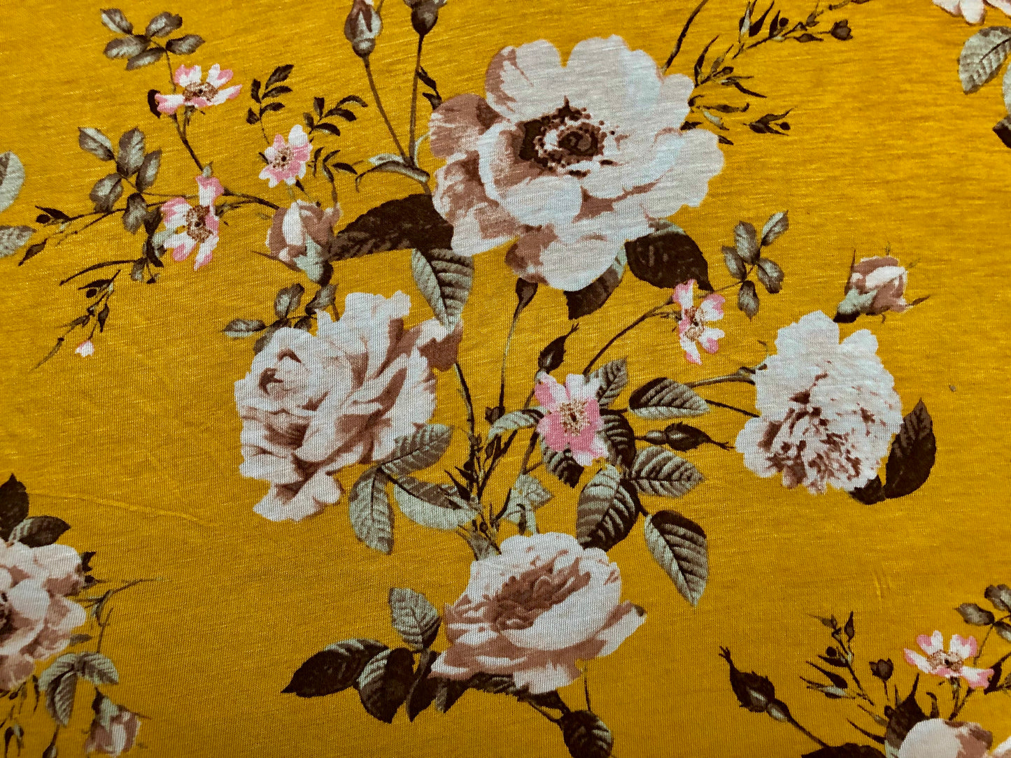 Mustard Taupe Autumn Roses Rayon Spandex Fabric