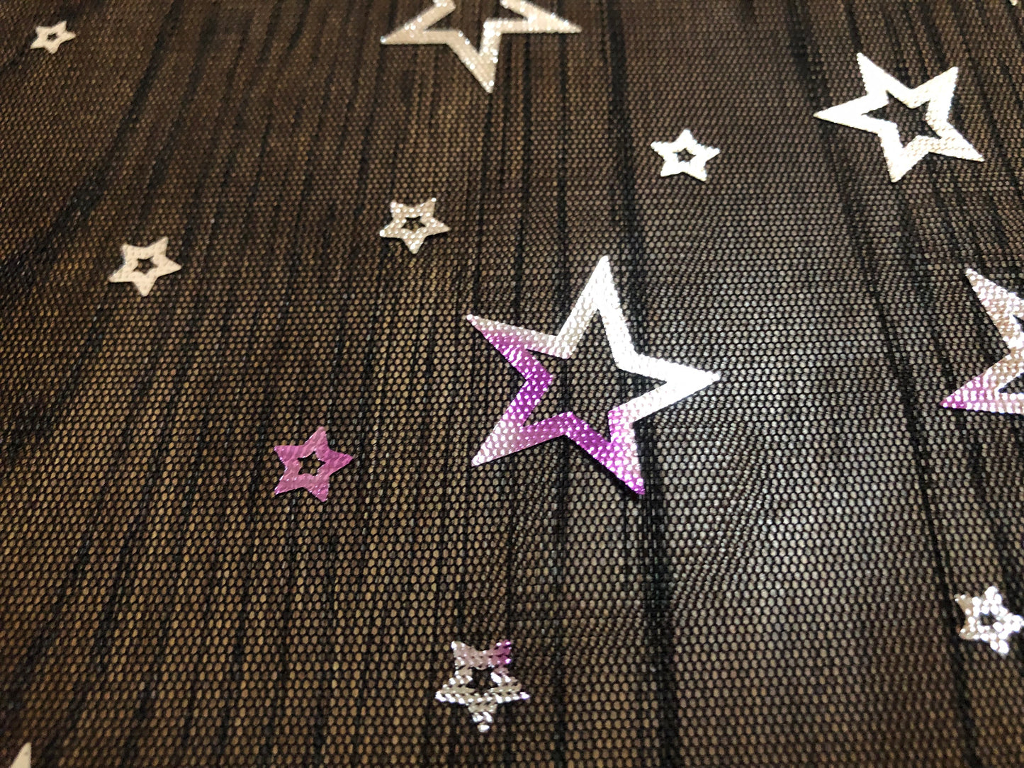 Purple Silver Metallic Stars on Mesh Print Fabric