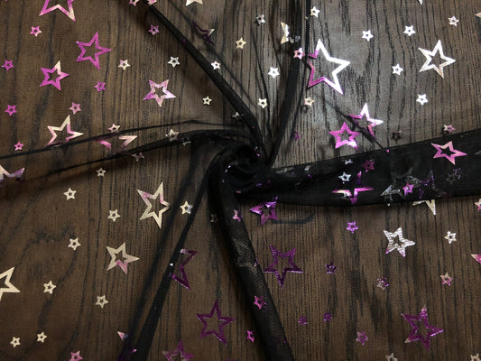 Purple Silver Metallic Stars on Mesh Print Fabric