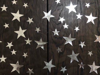 Silver 3" Metallic Stars on Mesh Print Fabric