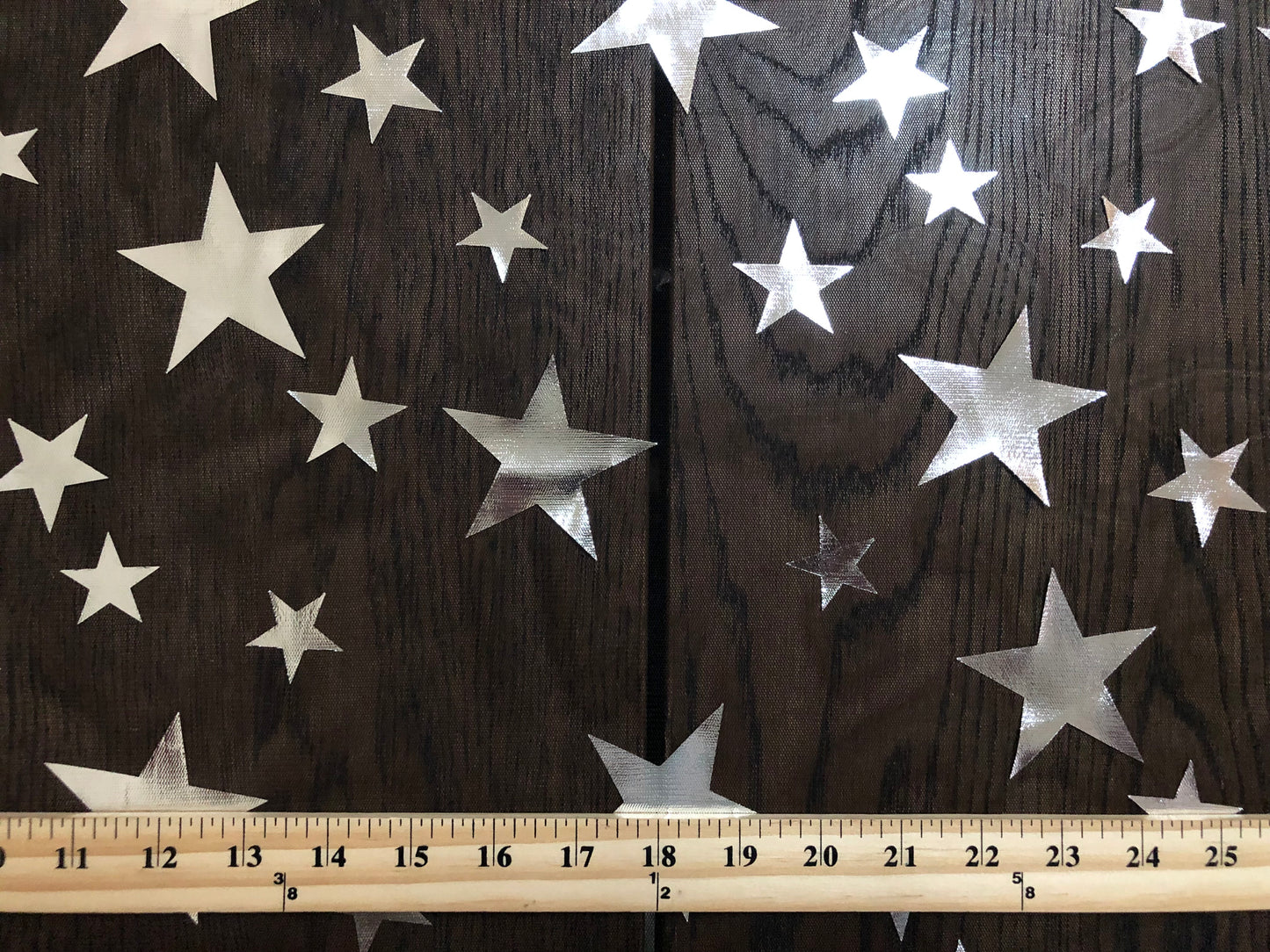 Silver 3" Metallic Stars on Mesh Print Fabric