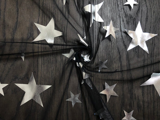 Silver 3" Metallic Stars on Mesh Print Fabric