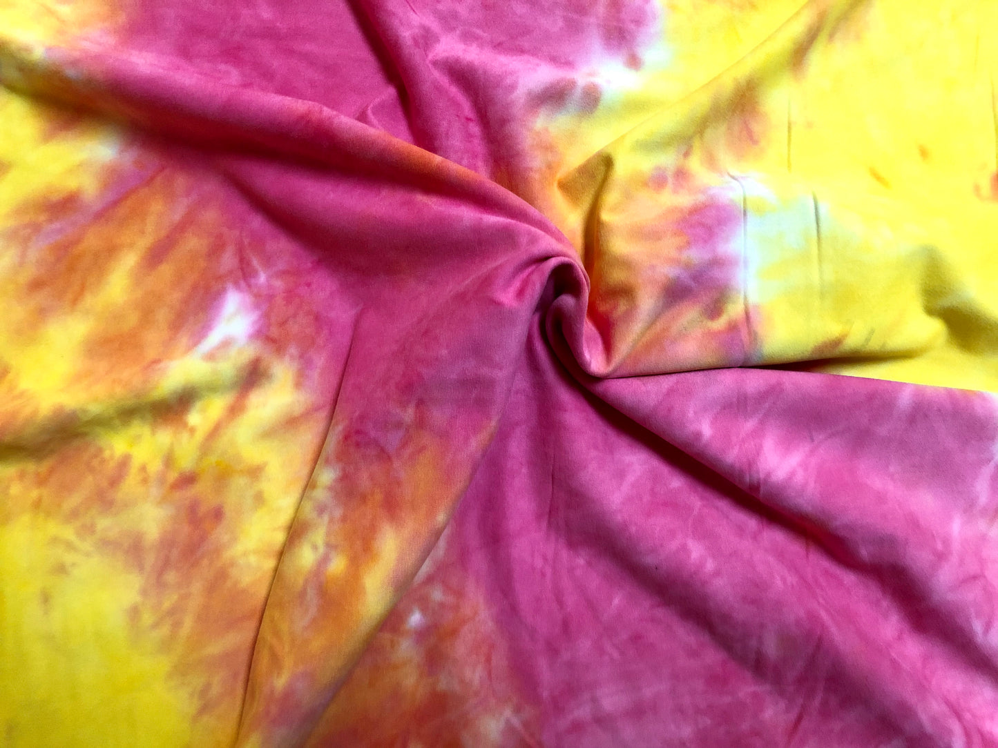 DTY Brushed Knit Fabric – Neon Sunset Tie Dye – Yellow, Pink & Orange – 4-Way Stretch, 58" Wide, 180 GSM – Sold by the Yard (DTYBTD017)