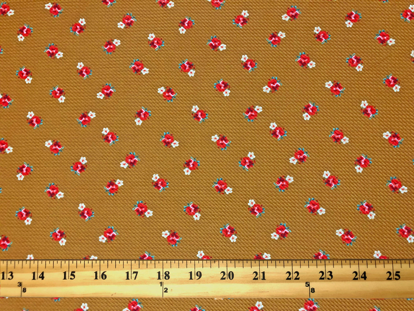 Bullet Knit Printed Fabric-Mustard Red Roses-BPR262-Sold by the Yard