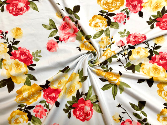 DTY Brushed Fabric-Ivory Yellow Gold Red Roses-DTYBPR213-Sold by the Yard-Jersey Fabric