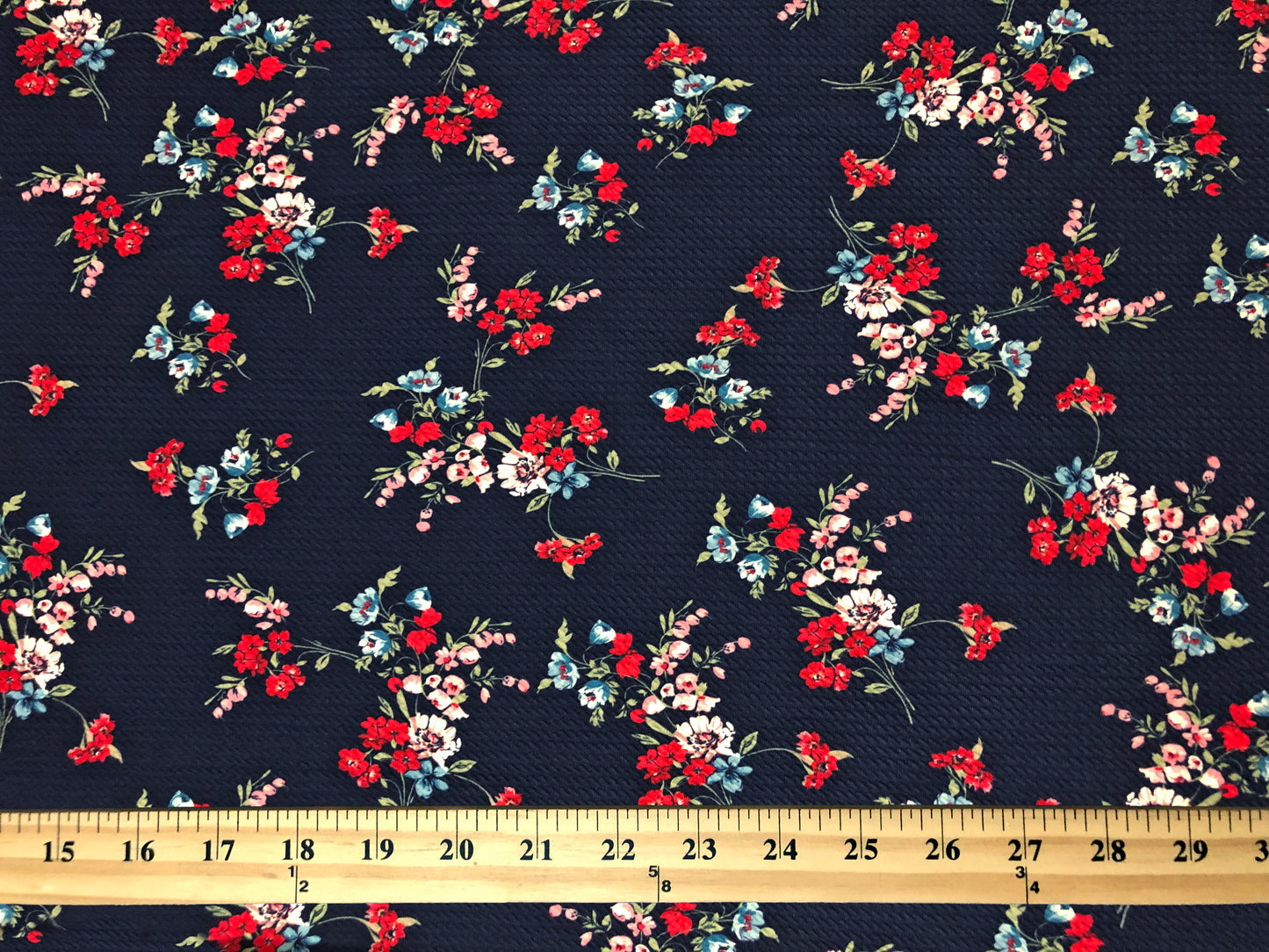 Bullet Knit Printed Fabric-Navy Blue Red Flowers-BPR271-Sold by the Yard