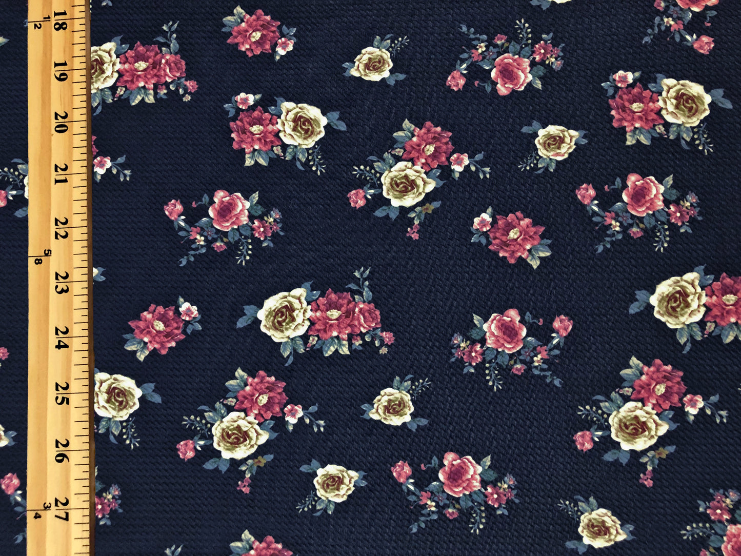Bullet Knit Printed Fabric-Navy Blue Vanilla Roses-BPR274-Sold by the Yard