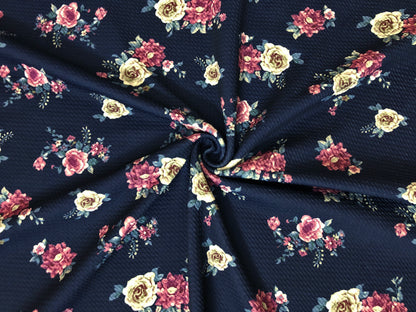 Bullet Knit Printed Fabric-Navy Blue Vanilla Roses-BPR274-Sold by the Yard