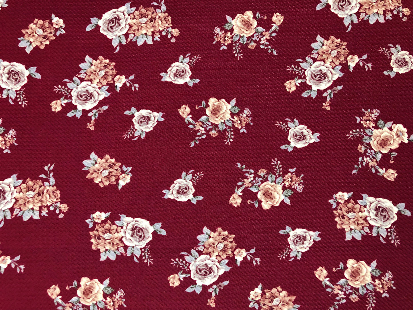 Bullet Knit Printed Fabric-Burgundy White Roses-BPR275-Sold by the Yard