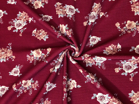 Bullet Knit Printed Fabric-Burgundy White Roses-BPR275-Sold by the Yard